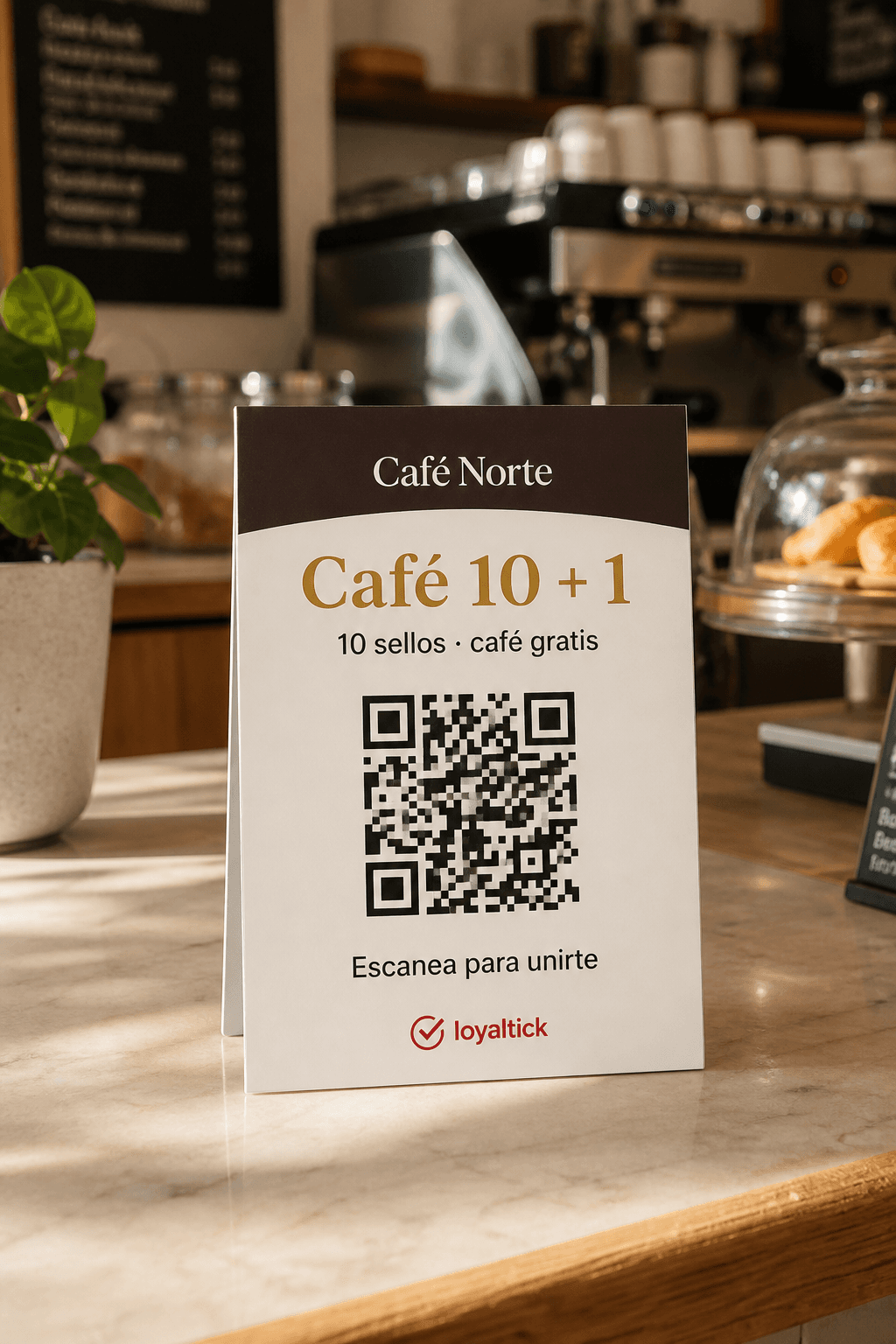 Cartel con QR de la promoción Café Norte en la encimera del mostrador