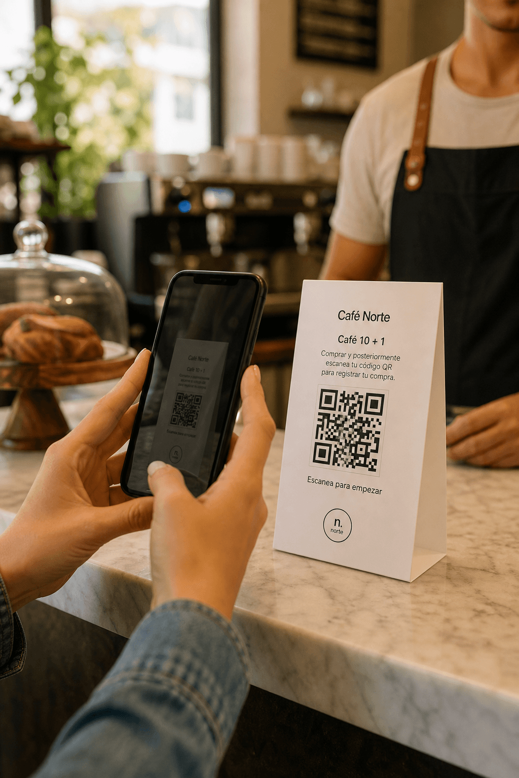 Cliente escaneando con el móvil el código QR de la promoción en el mostrador