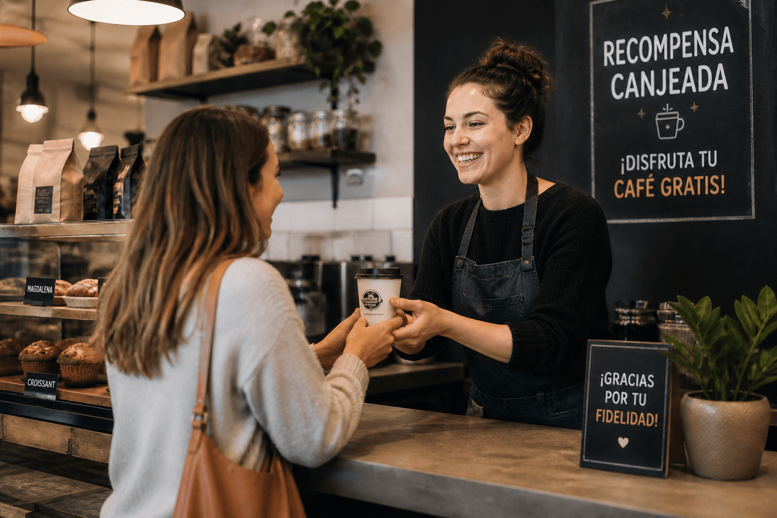 Cliente canjeando su recompensa en el mostrador