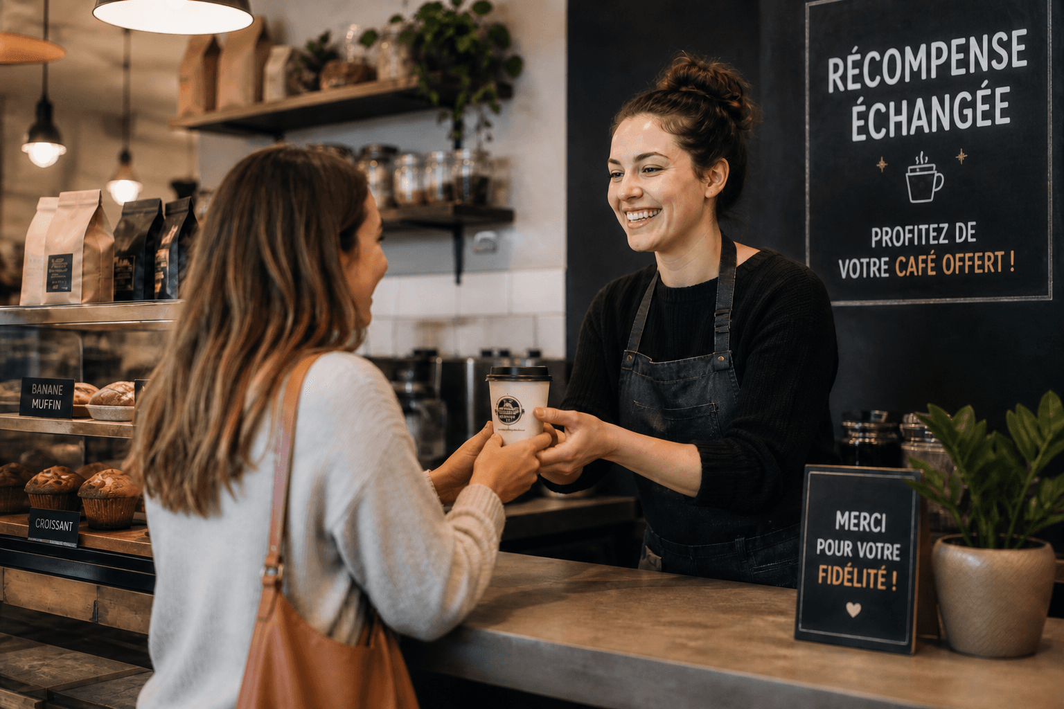 Client échangeant sa récompense au comptoir