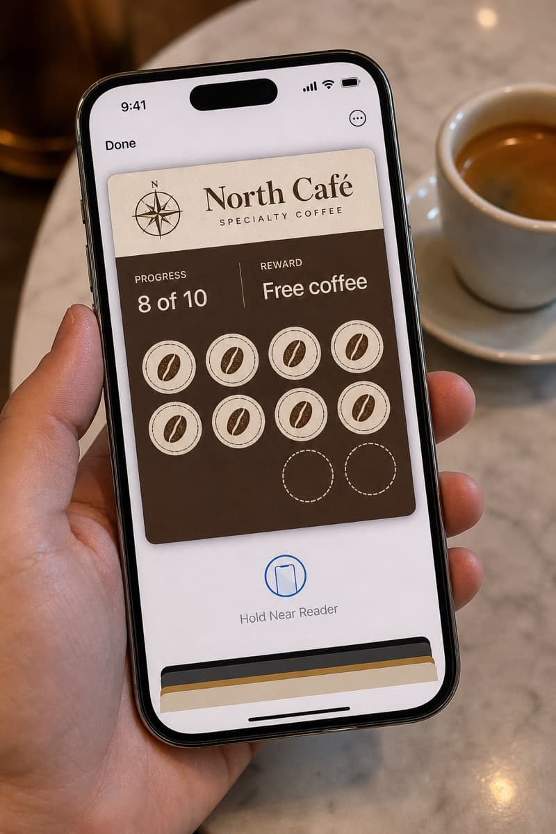 Apple Wallet cafe loyalty card with coffee-bean stamps (8 of 10)